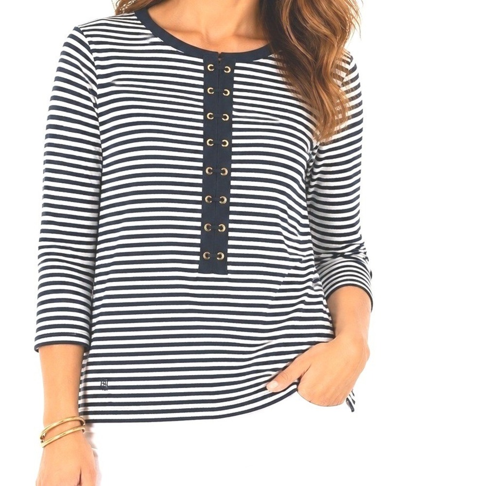 Lauren Ralph Lauren Navy White Striped Grommet Lace Up Top 3/4 Sleeve Petite L - Picture 1 of 8